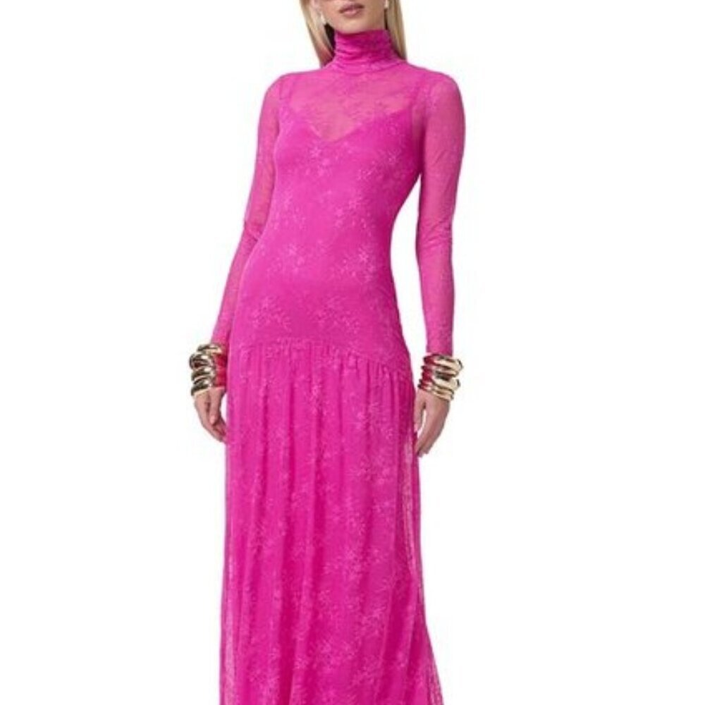 AFRM Clover Hot Pink Lace Mock Neck Holiday Party Dress Size XS